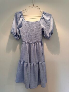 Escalier Light Blue Smocked Puff Sleeve Dress